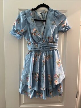 Inspired Hearts Light Blue Floral Wrap Romper with Puff Sleeves